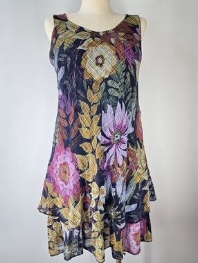 NWT Tempo Paris Floral Sleeveless Tiered Knee Length Dress Size L Made in Italy